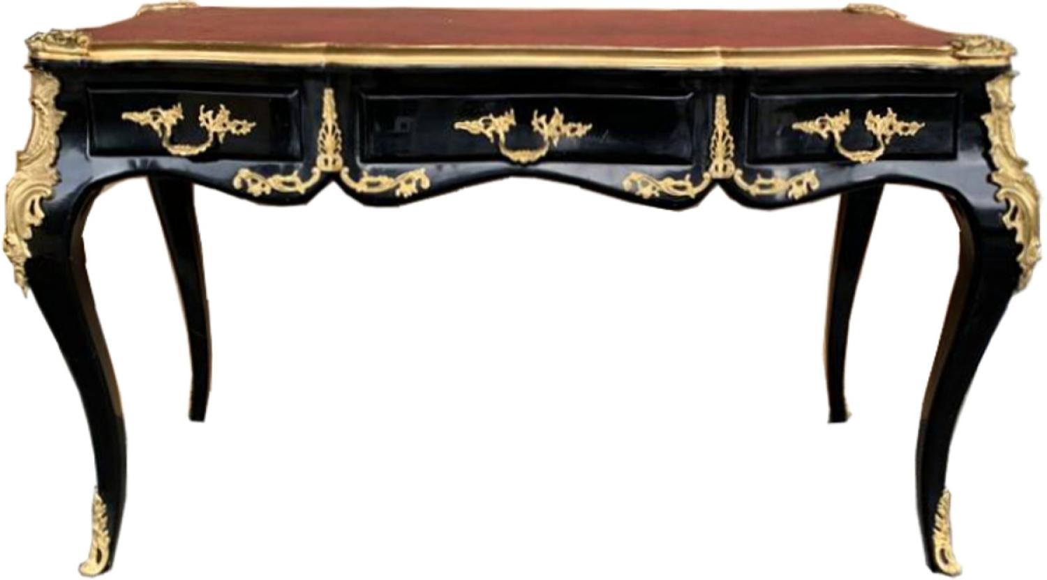 Casa Padrino Luxus Barock Schreibtisch mit 3 Schubladen und massiven Metallapplikation Schwarz / Gold / Bordeaux 141 cm - Barock Sekretär Bild 1