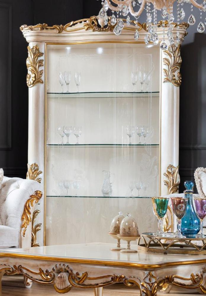 Casa Padrino Luxus Barock Vitrine Weiß / Beige / Gold - Handgefertigter Massivholz Vitrinenschrank mit Glastür - Barock Möbel Bild 1