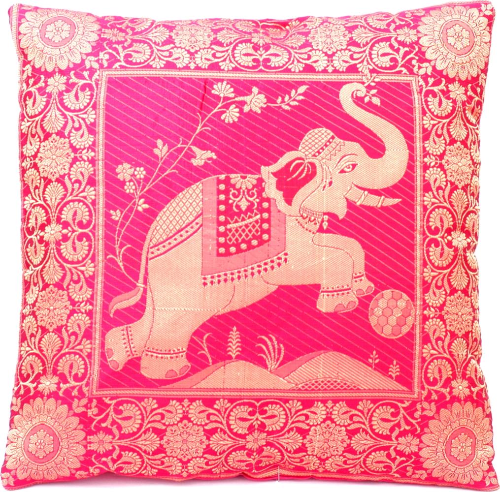 Handgewebter indischer Banarasi Seide Deko-Kissenbezug mit Extravaganten Elefant Design in Rosa - 40 cm x 40 cm Bild 1