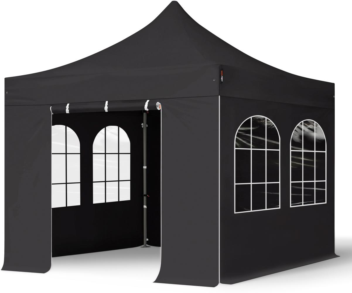 3x3 m Faltpavillon, PREMIUM Stahl 40mm, Seitenteile mit Sprossenfenstern, schwarz Bild 1