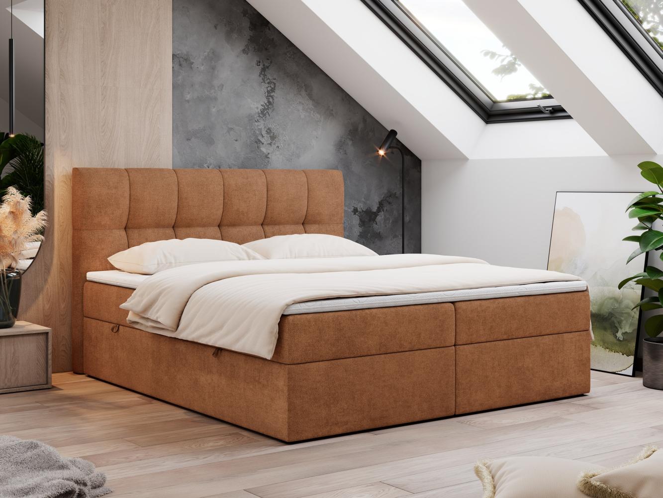 Boxspringbett mit Kopfteil und Topper, Doppelbett - RICO - 200x200cm - Orange Stoff - H4 Bild 1