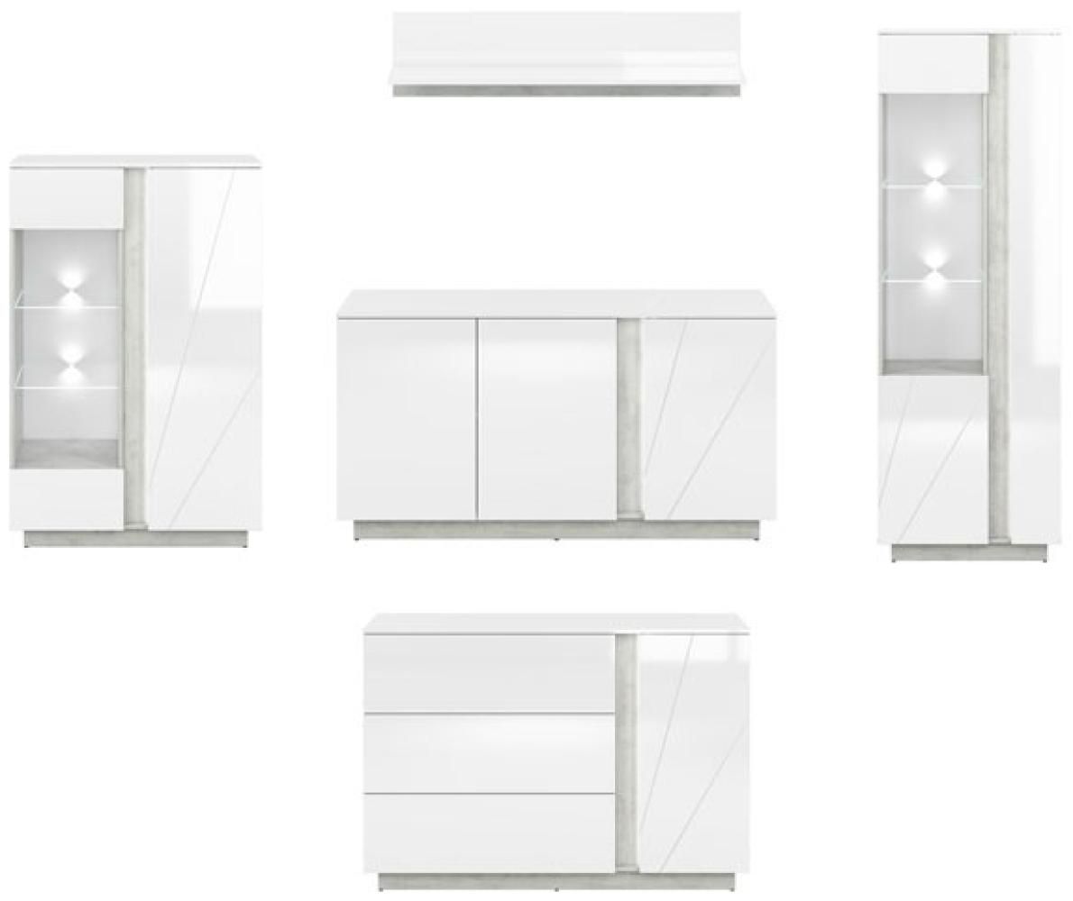 Wohnzimmer-Set "Lumens" Wohnwand 5-teilig beton lichtgrau MDF weiß Hochglanz Bild 1