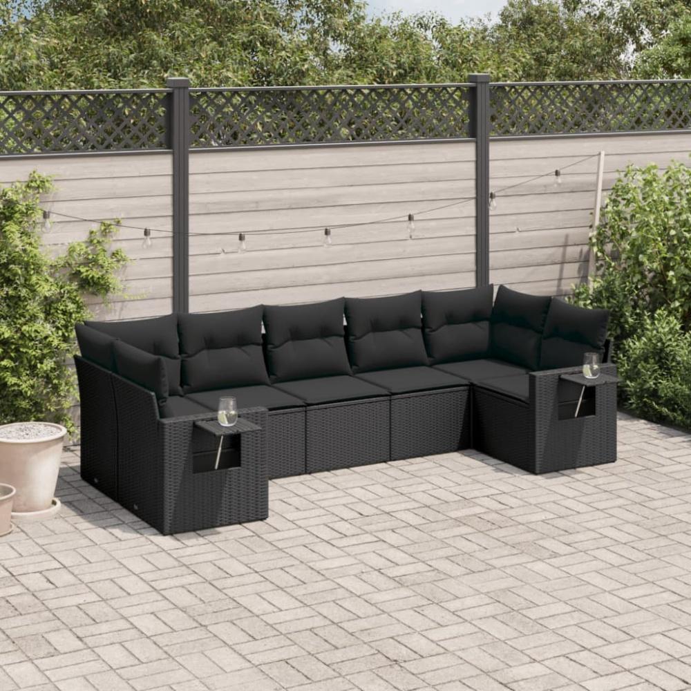 vidaXL 7-tlg. Garten-Sofagarnitur mit Kissen Schwarz Poly Rattan Bild 1