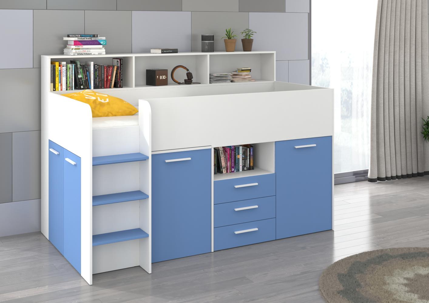 Domando Hochbett Talamone Modern Breite 206cm, mit integrierten Schränken, Schreibtisch und Regal in Weiß Matt und Himmelblau Bild 1