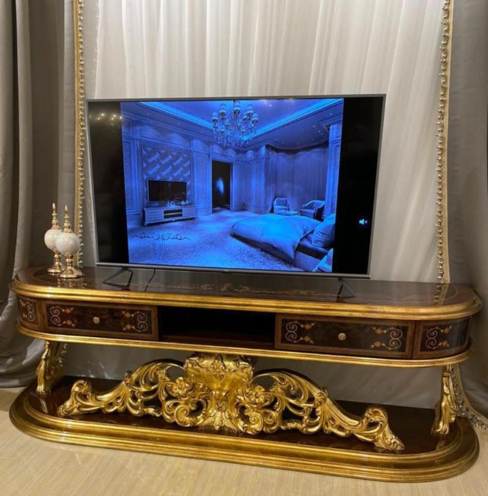 Casa Padrino Luxus Barock TV Schrank Braun / Antik Gold 220 x 50 x H. 70 cm - Prunkvoller Massivholz Fernsehschrank - Barock Wohnzimmer Möbel Bild 1