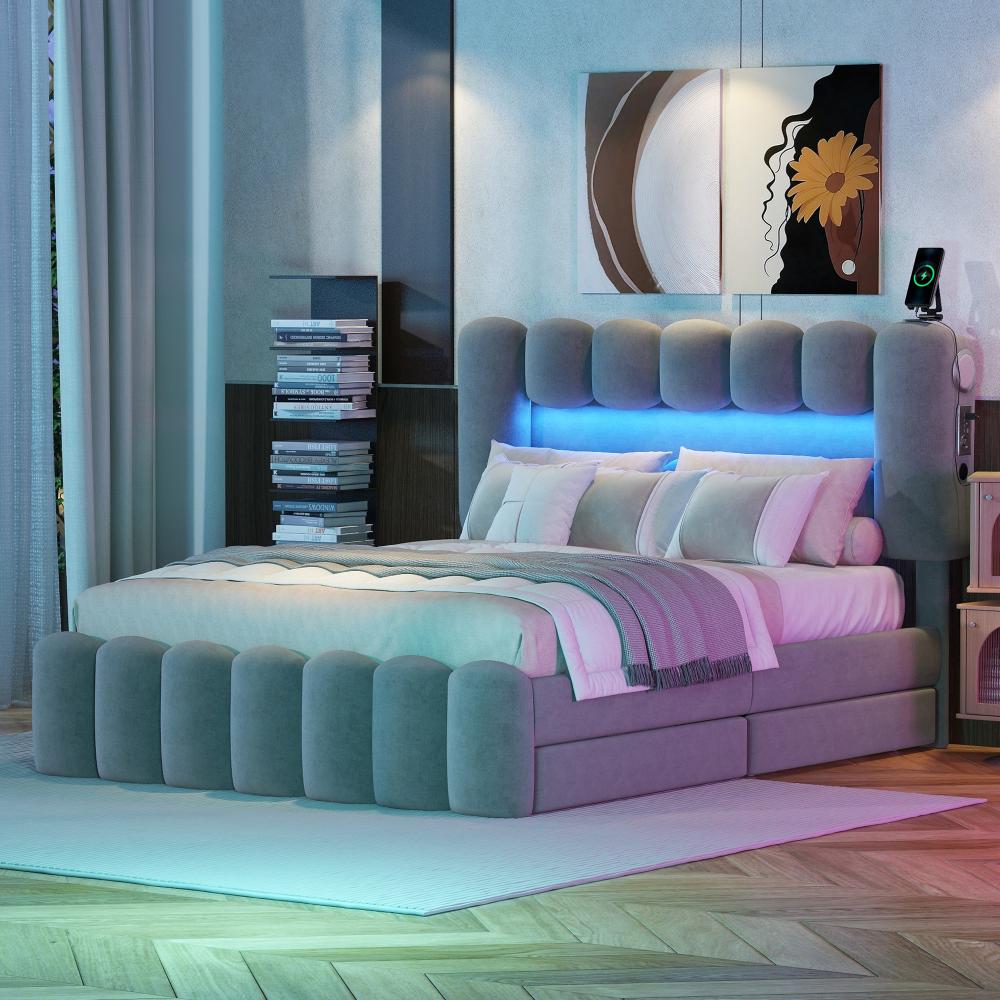 Merax 140 x 200 Polsterbett, Polsterbett mit 4 Schubladen, Polsterbet Bett mit LED-Lichtleiste mit USB und Stereoanlage, Grau Bild 1