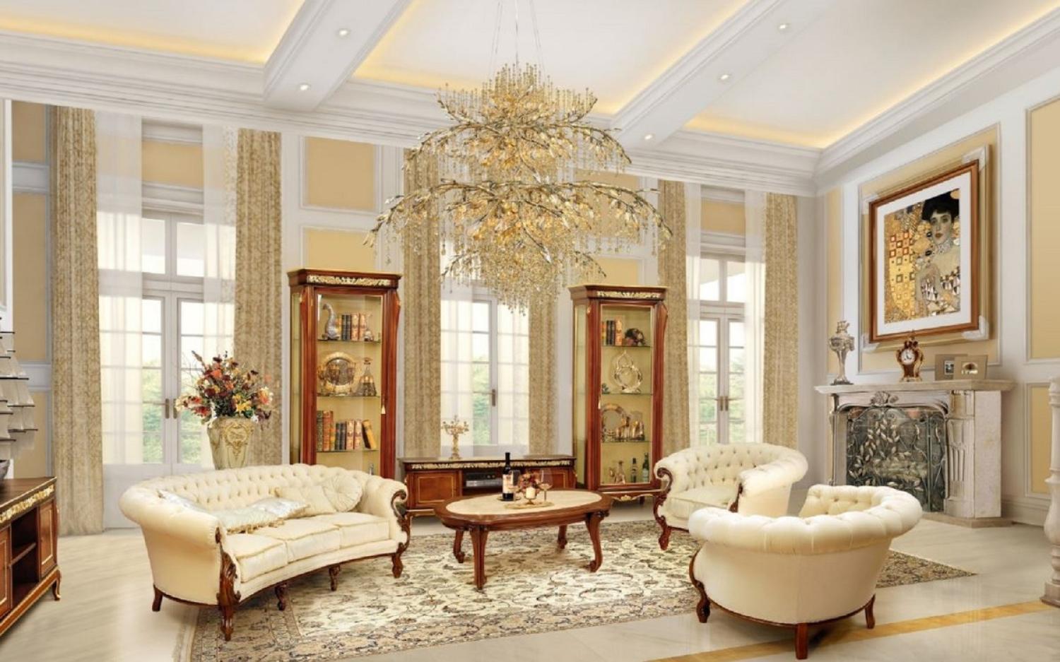 Casa Padrino Luxus Barock Wohnzimmer Set Creme / Braun - 2 Barock Sofas & 2 Barock Sessel & 1 Barock Couchtisch - Luxus Wohnzimmer Möbel im Barockstil - Edel & Prunkvoll Bild 1