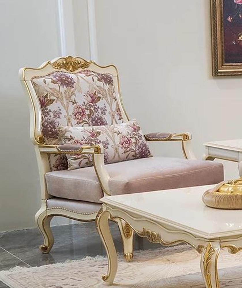 Casa Padrino Luxus Barock Sessel Rosa / Weiß / Gold 80 x 72 x H. 112 cm - Edler Wohnzimmer Sessel mit Blumenmuster und dekorativem Kissen - Barock Wohnzimmer Möbel Bild 1
