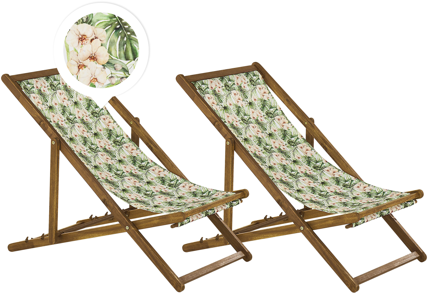 Liegestuhl Akazienholz hellbraun Textil weiß grün Blumenmuster 2er Set ANZIO Bild 1
