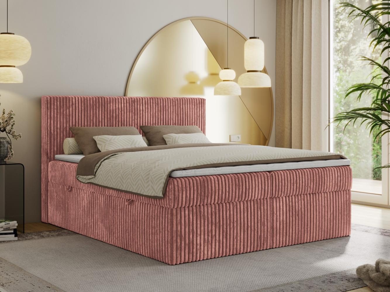 Boxspringbett mit Kopfteil und Topper, Cord Bett - TILIANO - 180 x 200 cm - Rosa Cord - H4 Bild 1