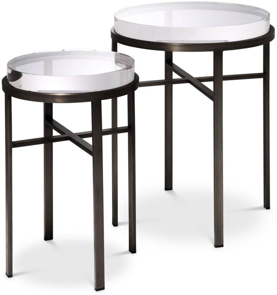 Casa Padrino Luxus Beistelltisch Set Bronzefarben - 2 Runde Edelstahl Tische mit Glasplatte - Luxus Wohnzimmer Möbel Bild 1
