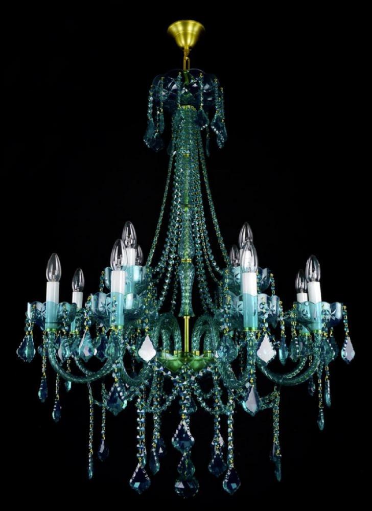 Casa Padrino Luxus Barock Kronleuchter Grün / Gold Ø 80 x H. 107 cm - Prunkvoller Barockstil Kronleuchter mit böhmischen Kristallglas - Edel & Prunkvoll Bild 1