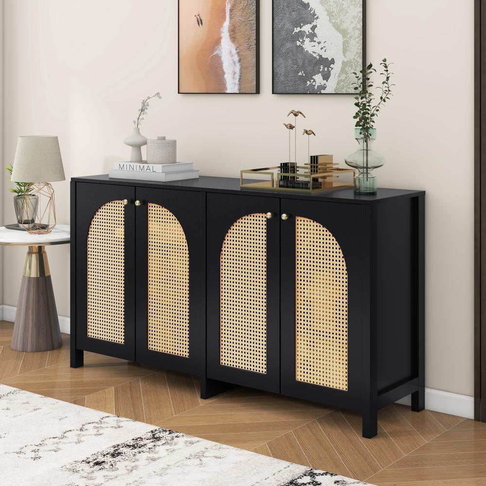 Merax Modernes Sideboard im minimalistischen Stil 4-Rattantür, Metallgriff einfaches Buffetschrank für Esszimmer, Wohnzimmer, Küche (Schwarz) Bild 1