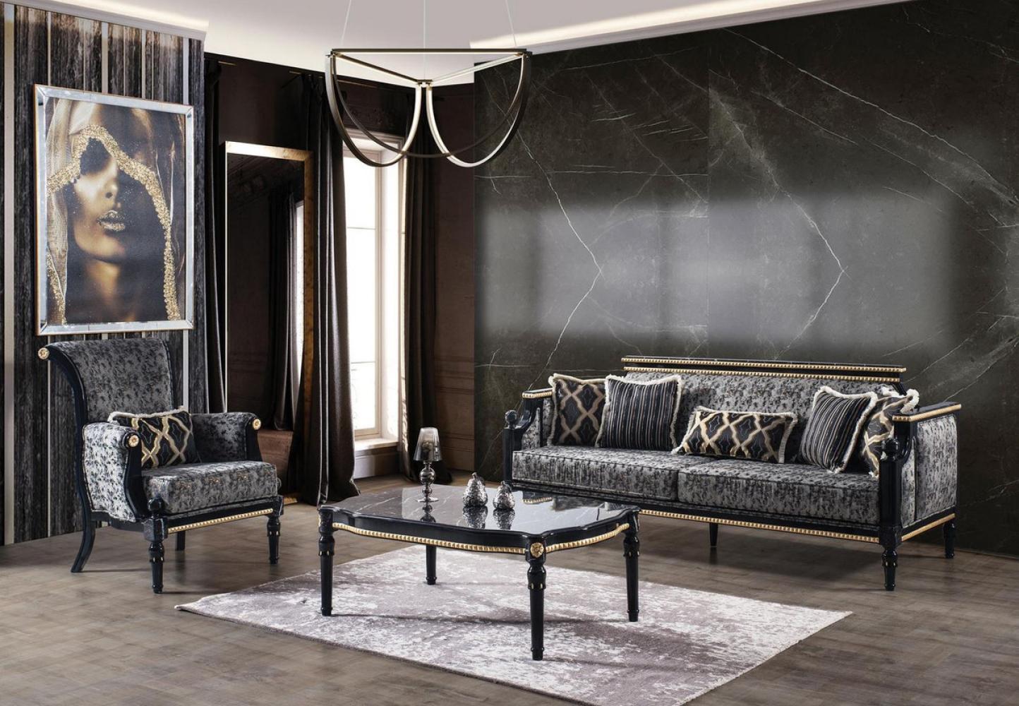 Casa Padrino Luxus Barock Wohnzimmer Set Grau / Schwarz / Gold - 2 Sofas & 2 Sessel & 1 Couchtisch mit Glasplatte in Marmoroptik - Wohnzimmer Möbel im Barockstil - Edel & Prunkvoll Bild 1