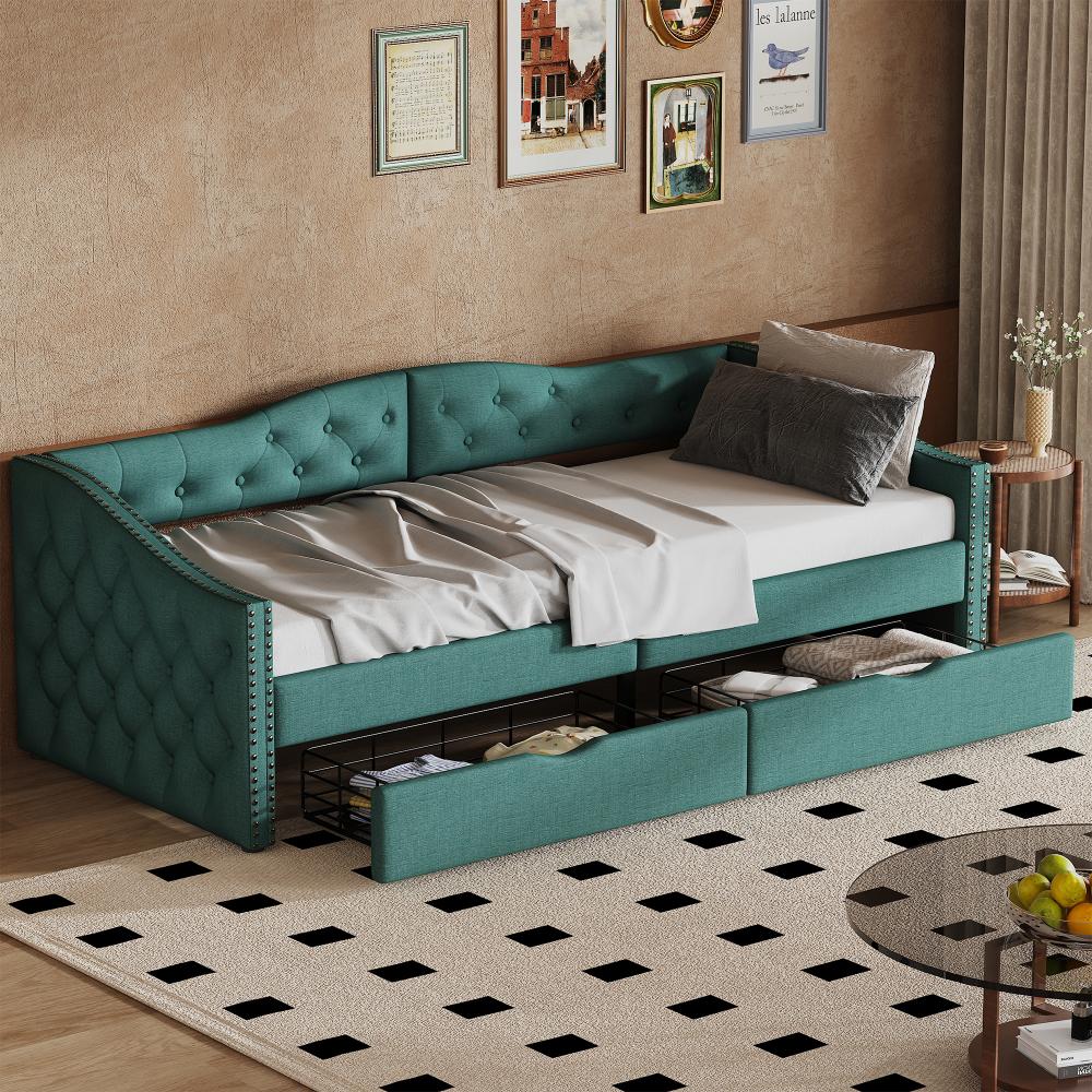 Merax 90*200cm Sofabett, Tagesbett, Einzel-Tagesbett mit Schubladen, großer Stauraum, Grün Bild 1