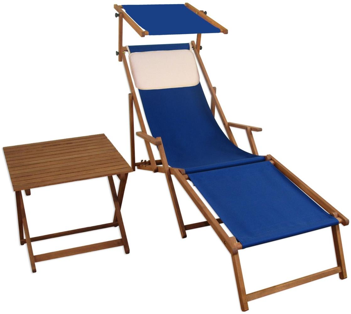 Sonnenliege blau Strandliege Holzliege Buche Fußteil Sonnendach Tisch Kissen 10-307 FST KH Bild 1