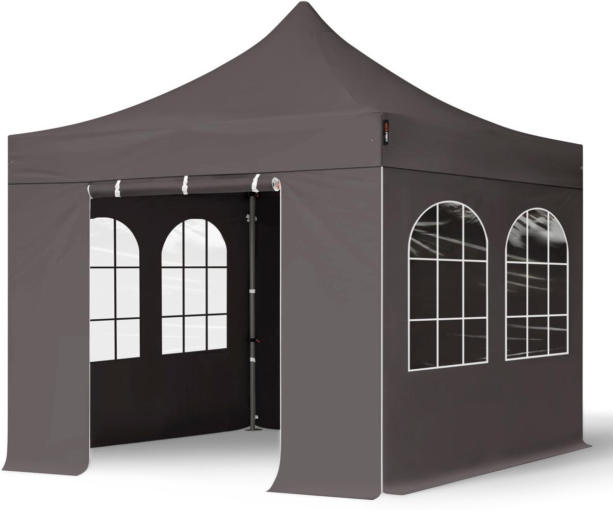 3x3 m Faltpavillon, PREMIUM Stahl 40mm, Seitenteile mit Sprossenfenstern, dunkelgrau Bild 1