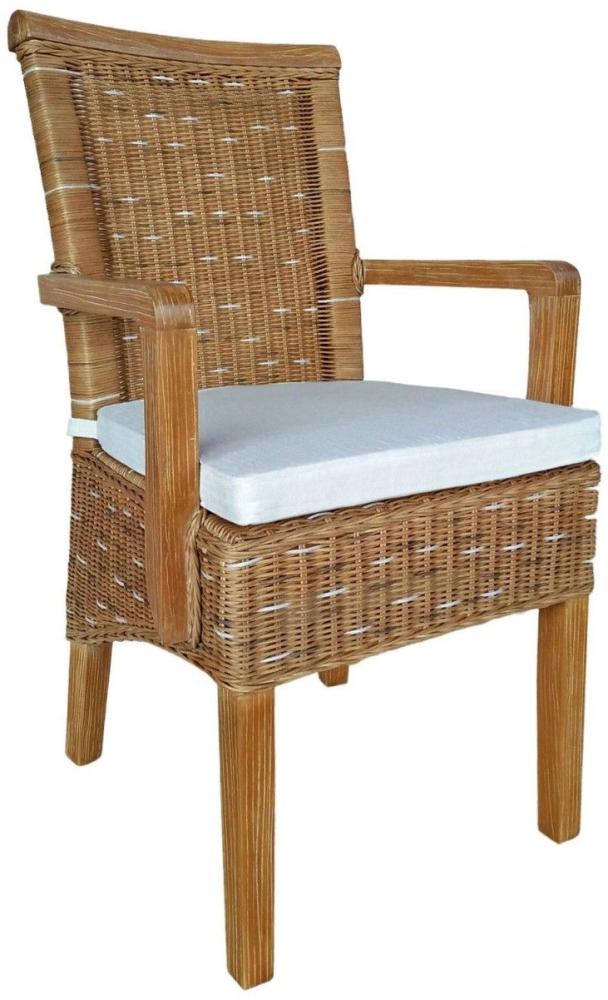 Esszimmer Stuhl mit Armlehnen Rattanstuhl capuccino Perth Korbstuhl Rattan Sessel nachhaltig mit Sitzkissen Leinen weiss Bild 1
