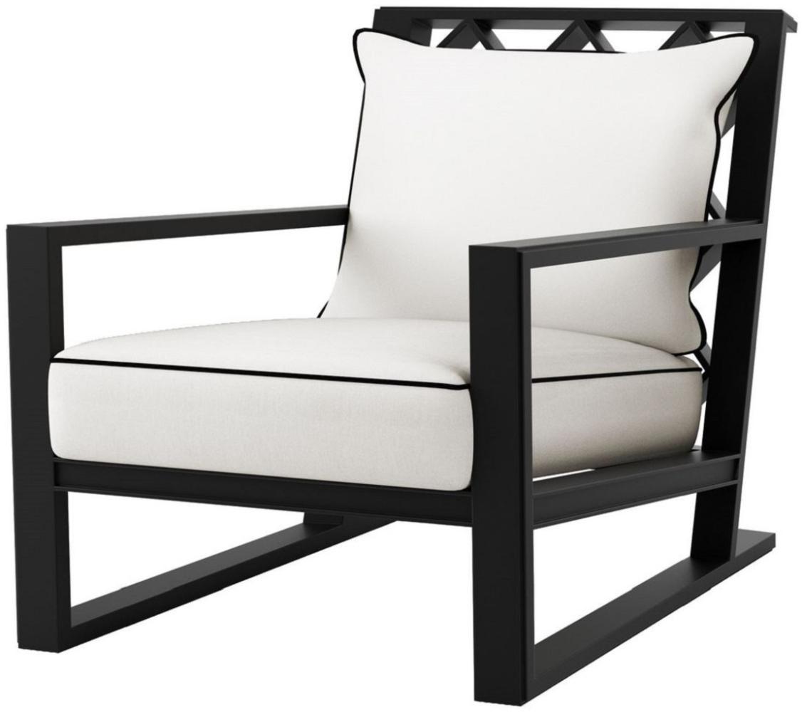 Casa Padrino Luxus Sessel mit Kissen Mattschwarz / Weiß 70 x 88 x H. 78 cm - Sessel aus hochwertigen strapazierbarem Aluminium - Wohnzimmermöbel - Gartenmöbel - Gastronomie Möbel Bild 1