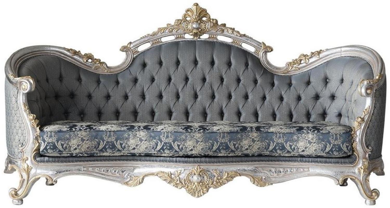 Casa Padrino Luxus Barock Wohnzimmer Sofa mit dekorativen Kissen Grau / Blau / Silber / Gold 250 x 95 x H. 125 cm - Edel & Prunkvoll Bild 1