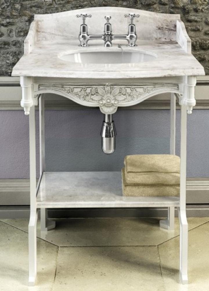 Casa Padrino Luxus Jugendstil Stand Waschtisch Weiß / Weiß mit Marmorplatte mit Spritzschutz hinten, seitlich und Ablage Barock Waschbecken Barockstil Antik Stil Bild 1