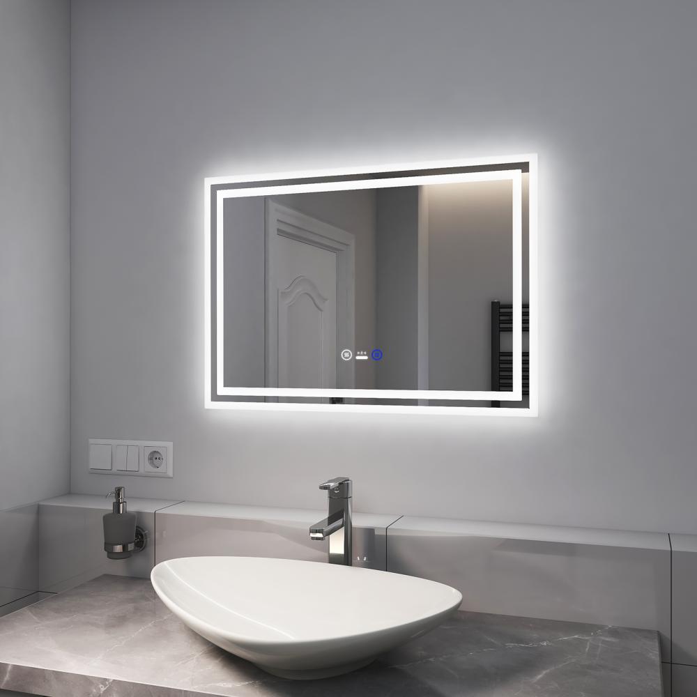 EMKE Badspiegel LED IP44 Wasserdicht, 70x50cm, Kaltweißes/Neutral/Warmweißes Licht Dimmbar, Bewegungssensor,Touchschalter und Beschlagfrei Bild 1