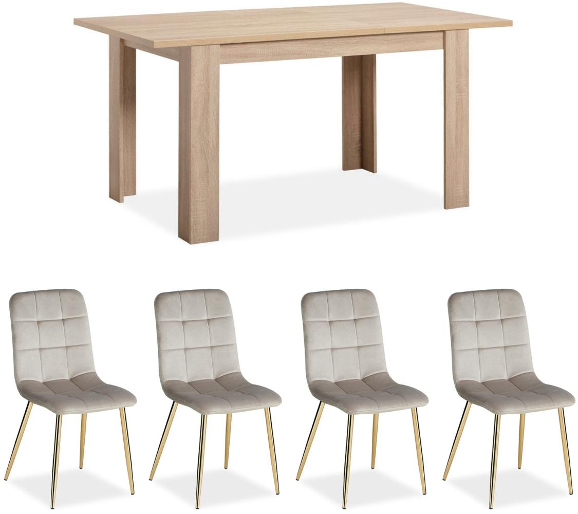 Esstisch mit 4 Stühlen Set Essgruppe Samt Polsterstühle Creme Küchentisch Modern Holz Natur 120x80 cm Esszimmertisch Massiv Bild 1