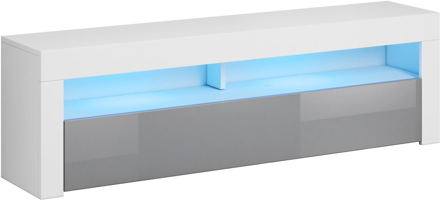 Domando Lowboard Artisano 160cm Modern für Wohnzimmer Breite 160cm, Hochglanzfront, mit LED Beleuchtung in blau, Weiß Matt und Grau Hochglanz Bild 1