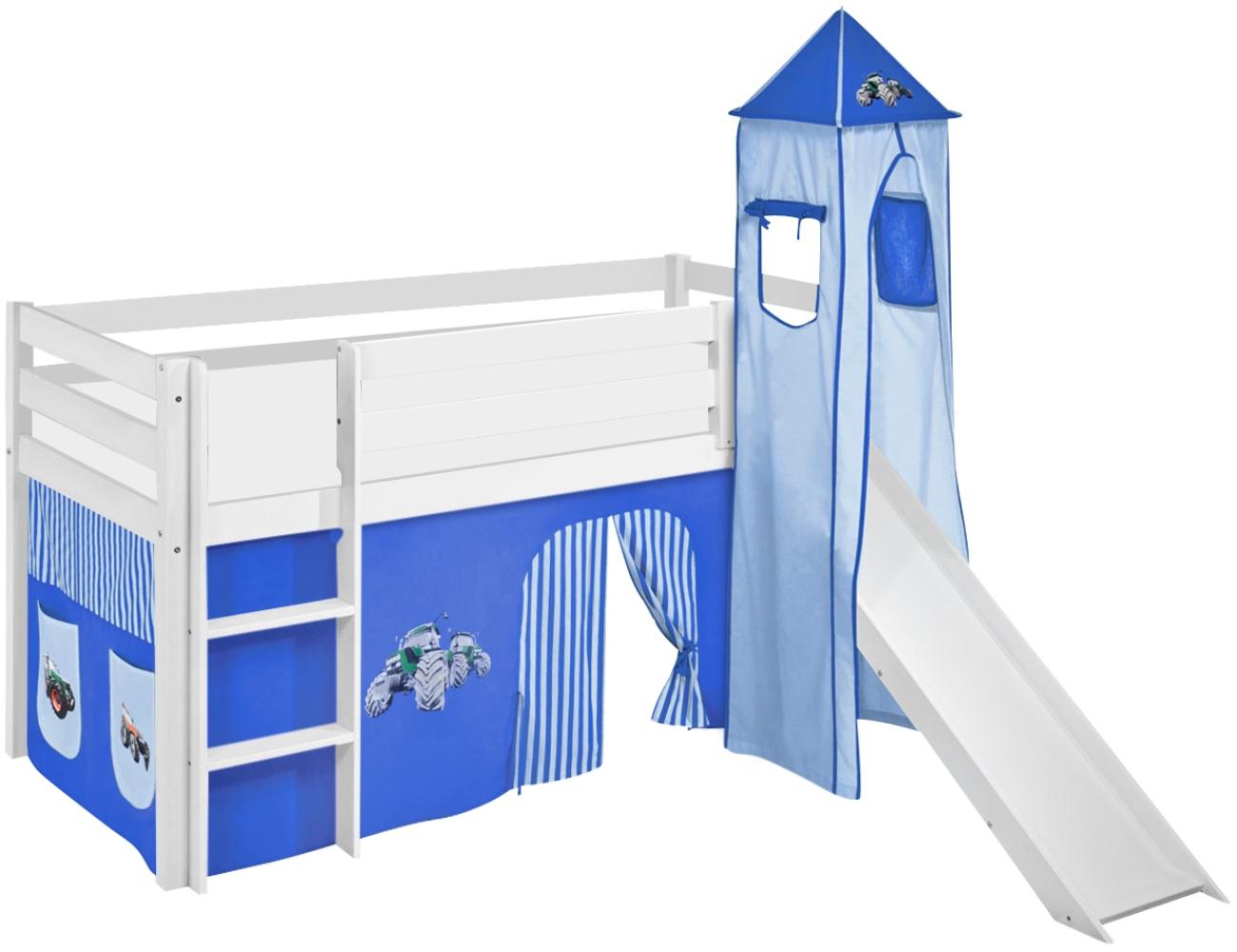 Lilokids 'Jelle' Spielbett 90 x 190 cm, Trecker Blau, Kiefer massiv, mit Turm, Rutsche und Vorhang Bild 1