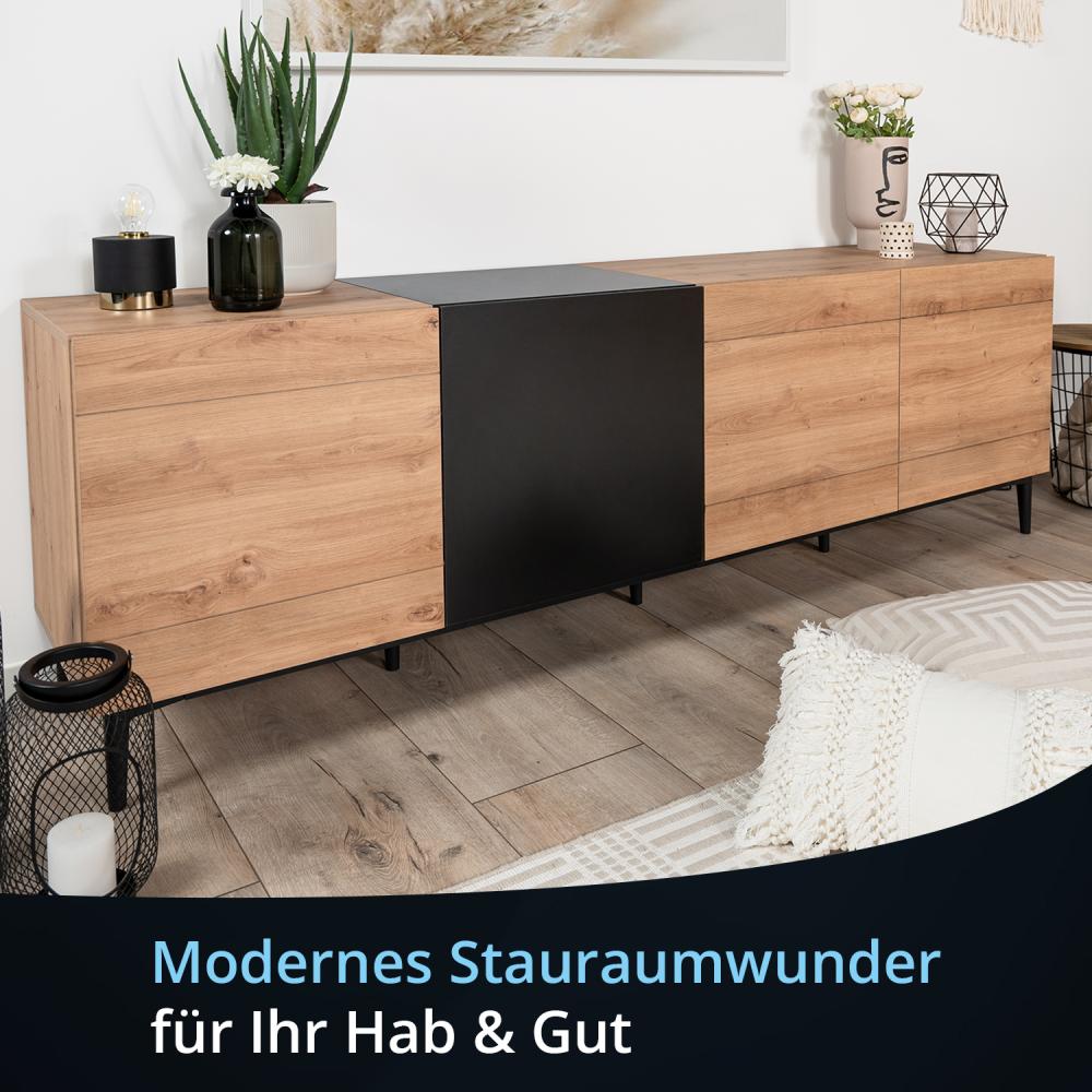KHG Lowboard mit 8 Fächern & 4 Drehtüren modern, TV-Bank aus Holzwerkstoff Holzoptik lackiert, Gestell & Akzente in schwarz - 200 x 65 x 42 cm (B/H/T) Bild 1