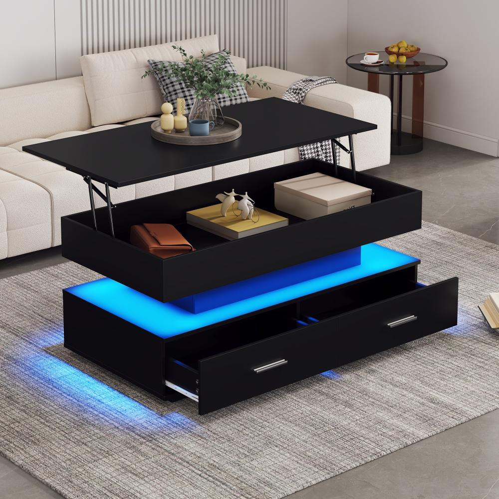 Merax 100*50*44cm hydraulisch höhenverstellbarer Couchtisch, mit LED-Beleuchtung, Bluetooth-APP-Steuerung, 2 Schubladen und offenem Stauraum,Schwarzer hebbarer Couchtisch Bild 1