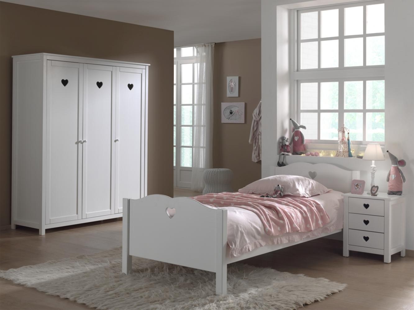 Amori Set best. aus Einzelbett 90 x 200 cm mit Lattenrost, Nachtkonsole und Kleiderschrank 3-trg, Ausf. MDF weiß lackiert Bild 1