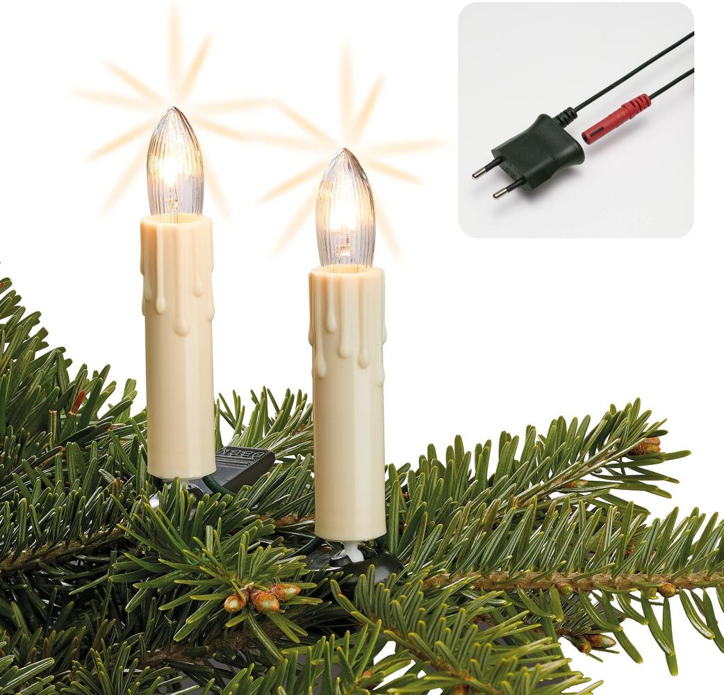 hellum Lichterkette Weihnachtsbaum Made-in-Germany Christbaumbeleuchtung Kerzen Lichterkette innen mit Clip, 20 Lichter, beleuchtet 1330cm, Kabel grün Schaft elfenbeinfarben mit Wachstropfen 812077 Bild 1