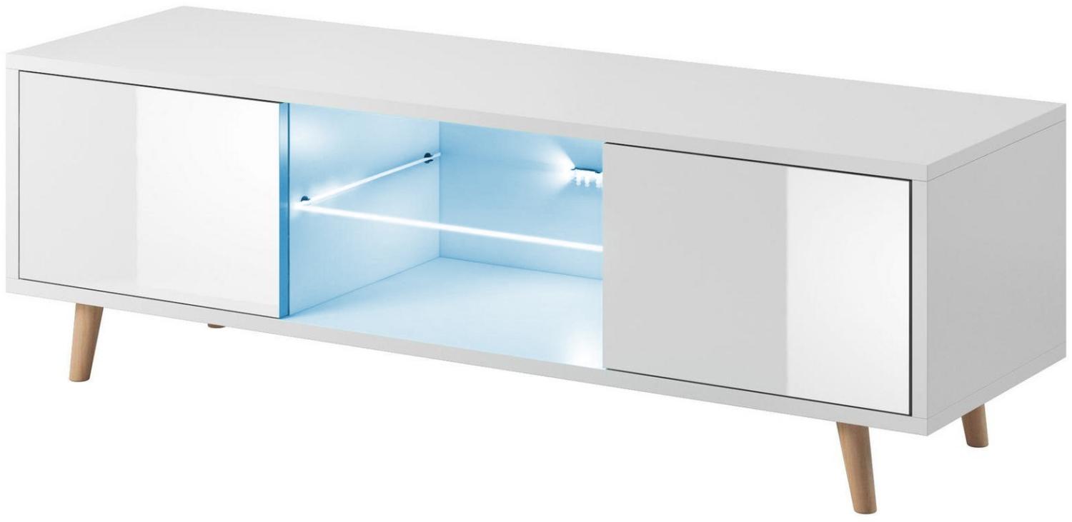 Domando Lowboard Terni M1 Modern für Wohnzimmer Breite 140cm, Holzfüße, Hochglanz, LED Beleuchtung in blau, Weiß Matt und Weiß Hochglanz Bild 1