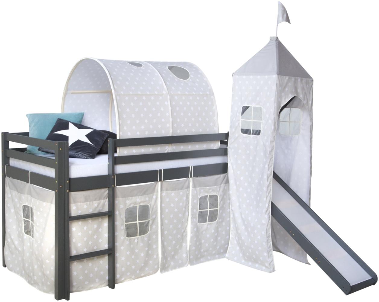 Homestyle4u Spielbett mit Tunnel, Rutsche und Turm, Kiefernholz grau, 90 x 200 cm Bild 1
