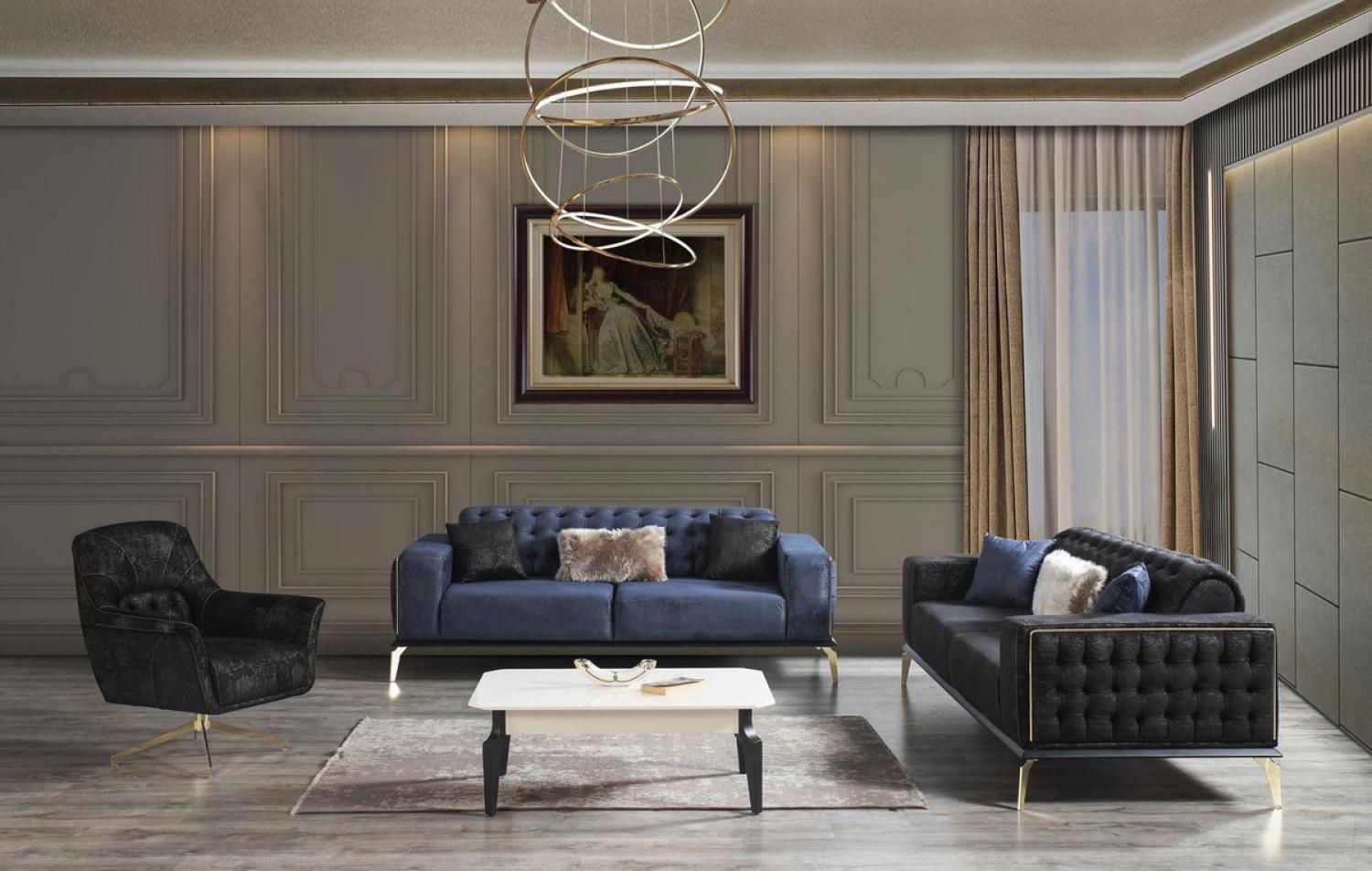Casa Padrino Luxus Art Deco Chesterfield Wohnzimmer Set Schwarz / Blau / Weiß - 2 Sofas & 2 Drehsessel & 1 Couchtisch - Edle Wohnzimmer Möbel Bild 1