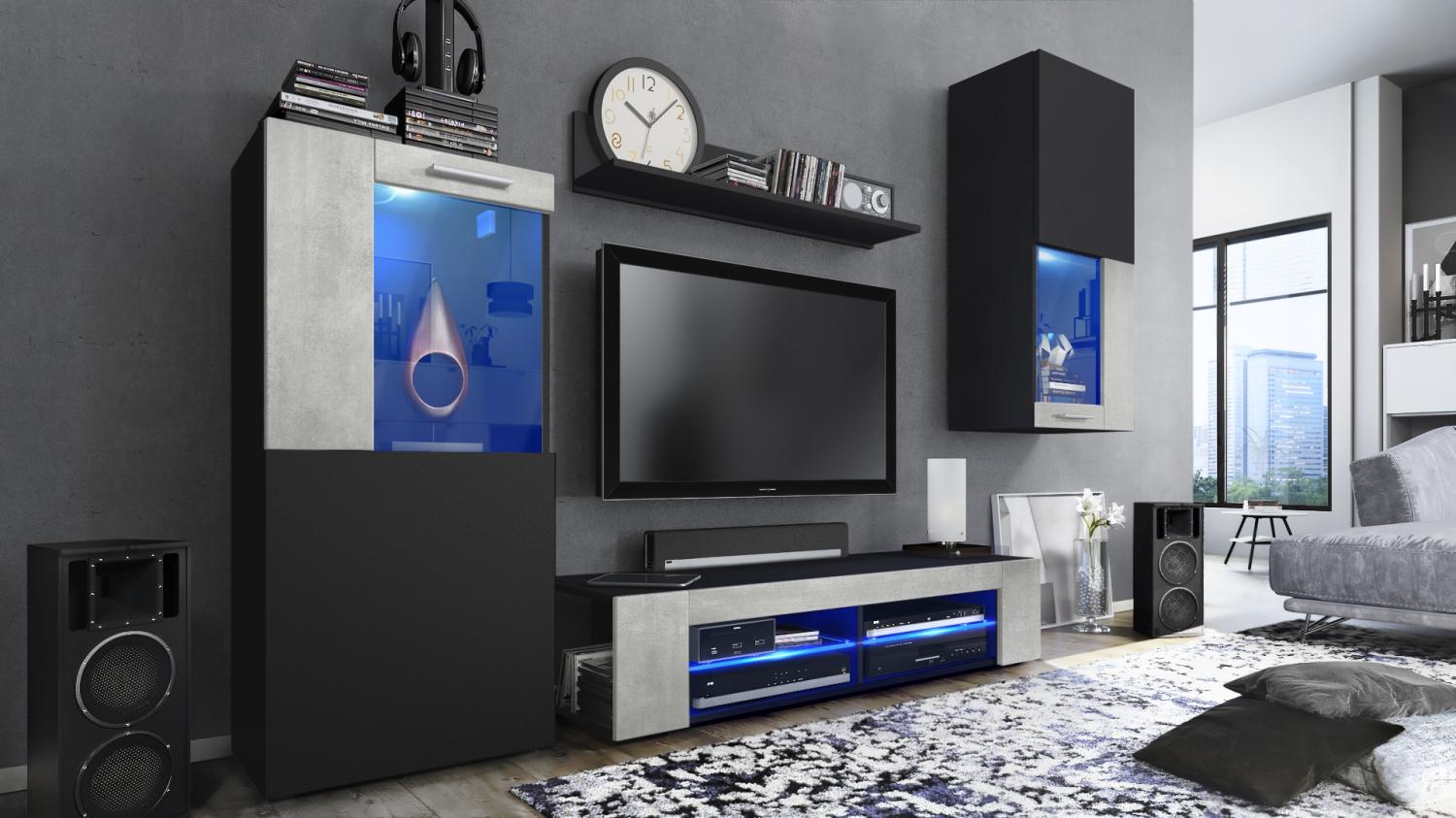 Vladon Wohnwand Movie, Anbauwand bestehend aus 1 TV-Board, 2 Vitrinen und 1 Regal, Schwarz matt/Schwarz matt/Beton Oxid-Optik, inkl. LED-Beleuchtung blau (Gesamt: 300 x 190 x 39 cm) Bild 1