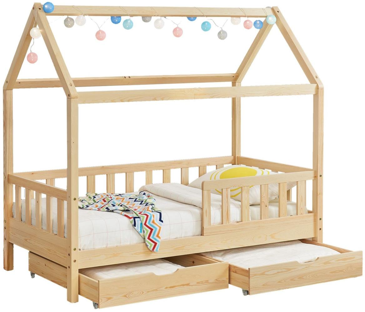 Juskys Kinderbett Marli 90 x 200 cm mit Bettkasten 2-teilig, Rausfallschutz, Lattenrost & Dach - Massivholz Hausbett für Kinder - Bett in Natur Bild 1