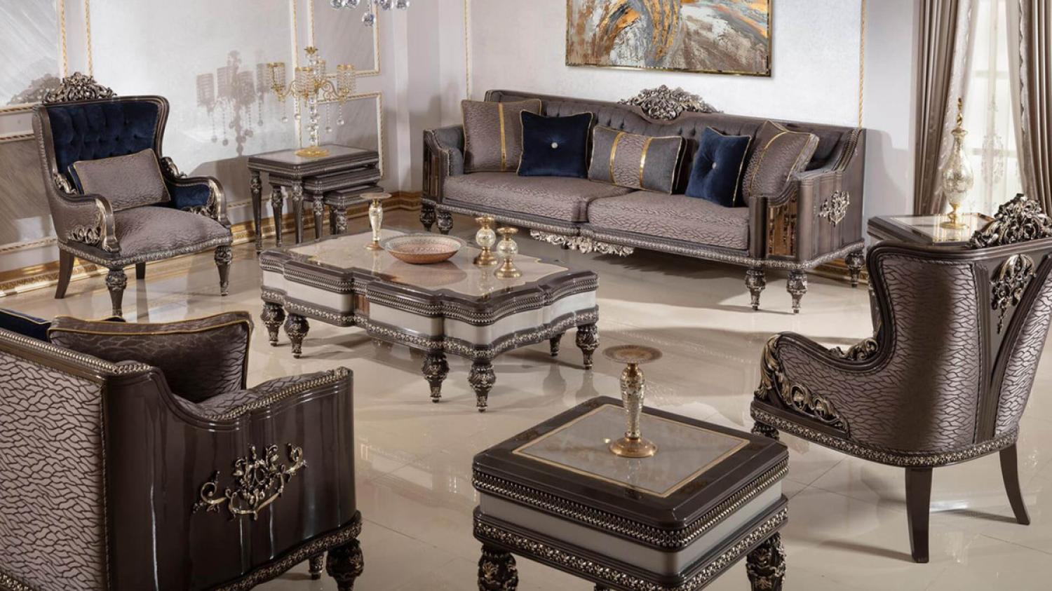 Casa Padrino Luxus Barock Wohnzimmer Set Grau / Dunkelbraun / Gold - 2 Sofas & 2 Sessel & 1 Couchtisch & 2 Beistelltische - Handgefertigte Wohnzimmer Möbel im Barockstil - Edel & Prunkvoll Bild 1