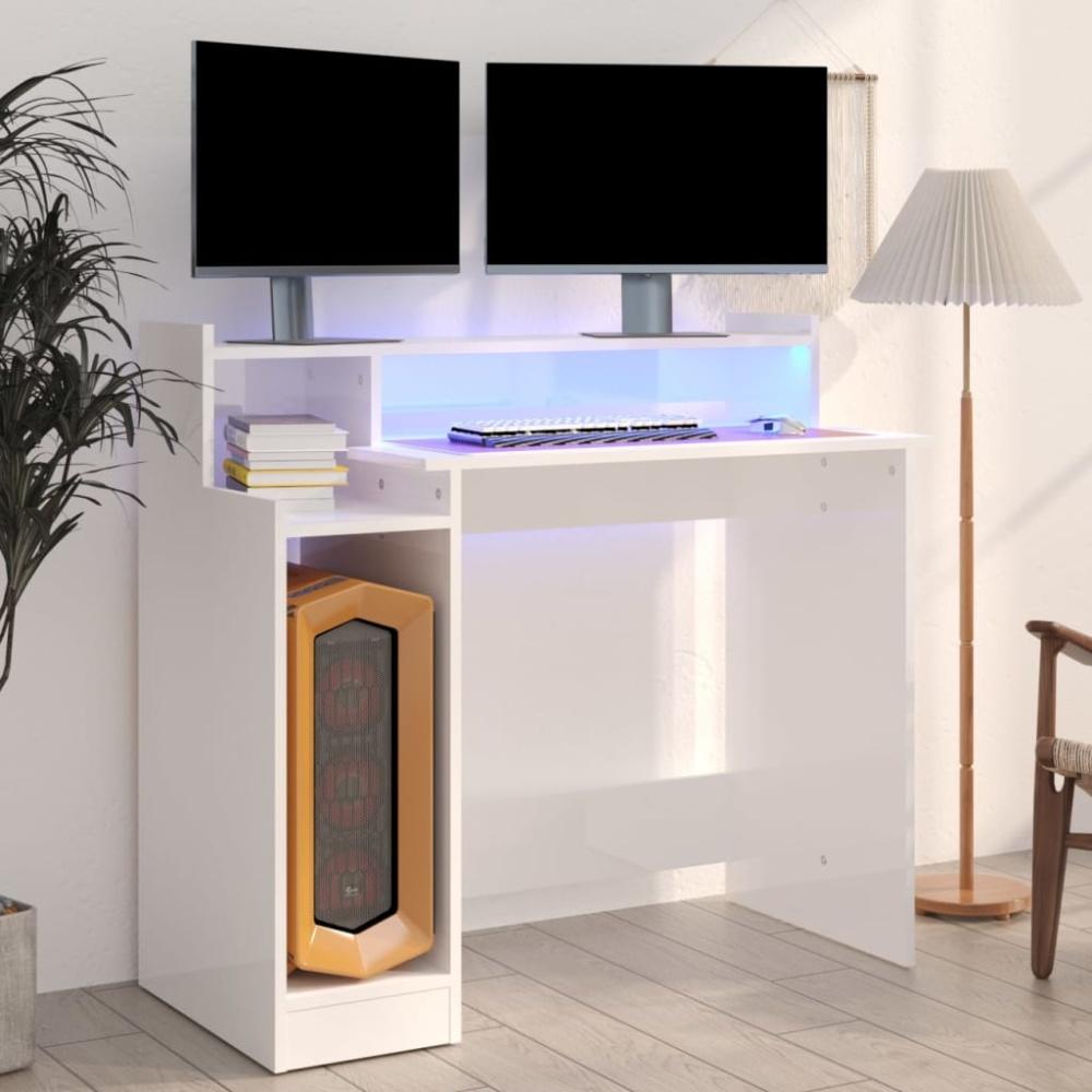 Schreibtisch mit LEDs Hochglanz-Weiß 97x45x90 cm Holzwerkstoff Bild 1