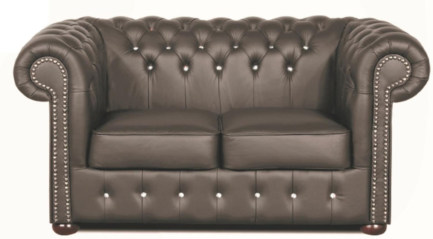 Casa Padrino Chesterfield Echtleder 2er Sofa in dunkelgrau mit Swarovski Kristallsteinen 160 x 90 x H. 78 cm - Luxus Kollektion Bild 1
