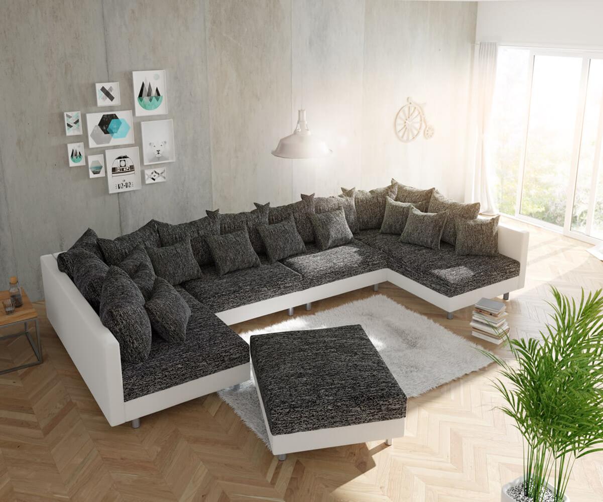 Couch Clovis XL Weiß/ Schwarz mit Hocker Wohnlandschaft Modulsofa Bild 1