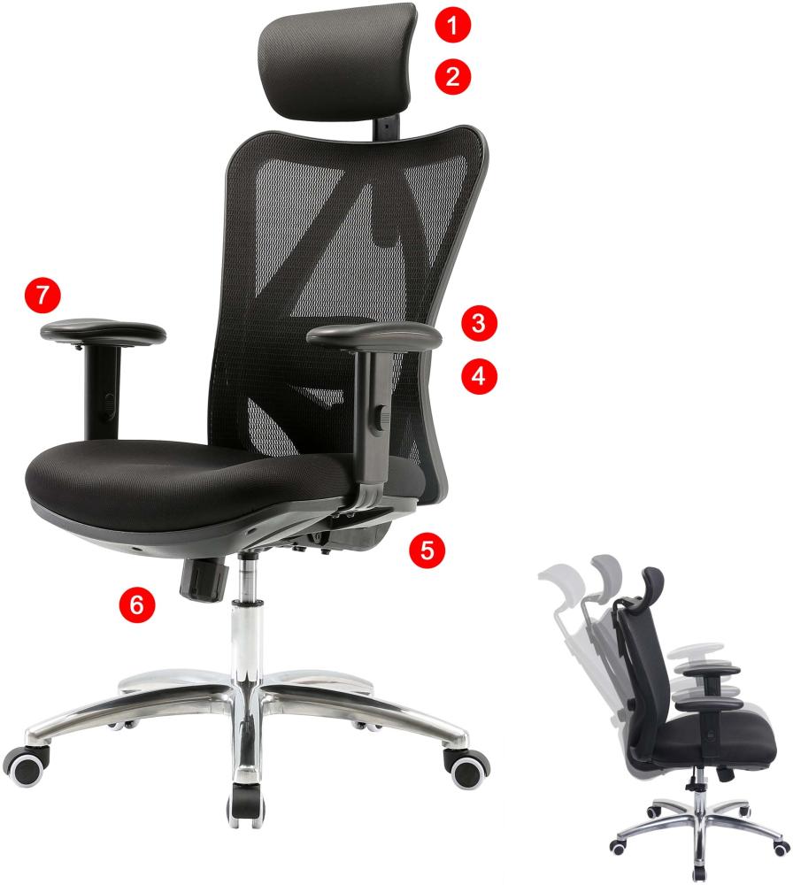 SIHOO Bürostuhl Schreibtischstuhl, ergonomisch, verstellbare Lordosenstütze, 150kg belastbar ~ ohne Fußstütze schwarz Bild 1