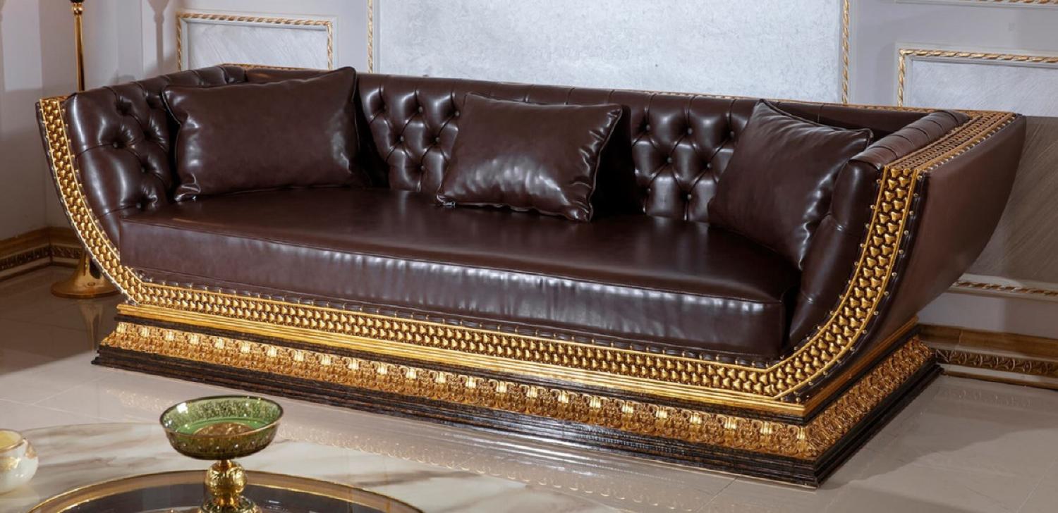Casa Padrino Luxus Barock Chesterfield Sofa Dunkelbraun / Gold - Prunkvolles Wohnzimmer Sofa mit edlem Kunstleder - Barock Chesterfield Wohnzimmer Möbel Bild 1