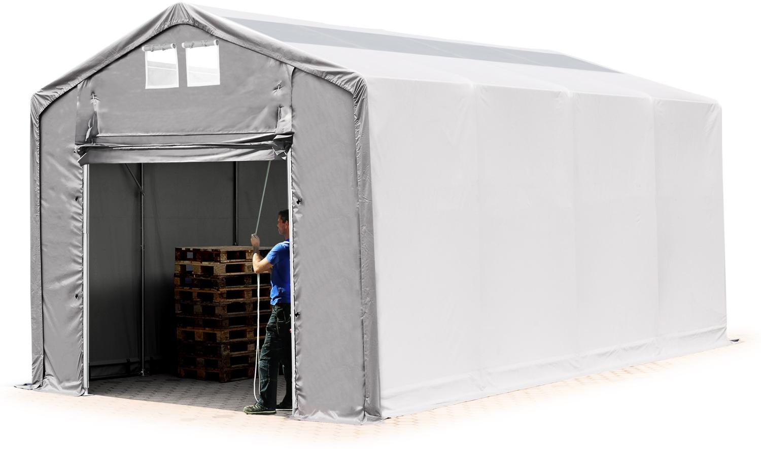 Zelthalle 4x8m Lagerzelt Industriezelt 3m Seitenhöhe PVC Plane 850 N mit Oberlicht grau 100% wasserdicht mit Hochziehtor Bild 1