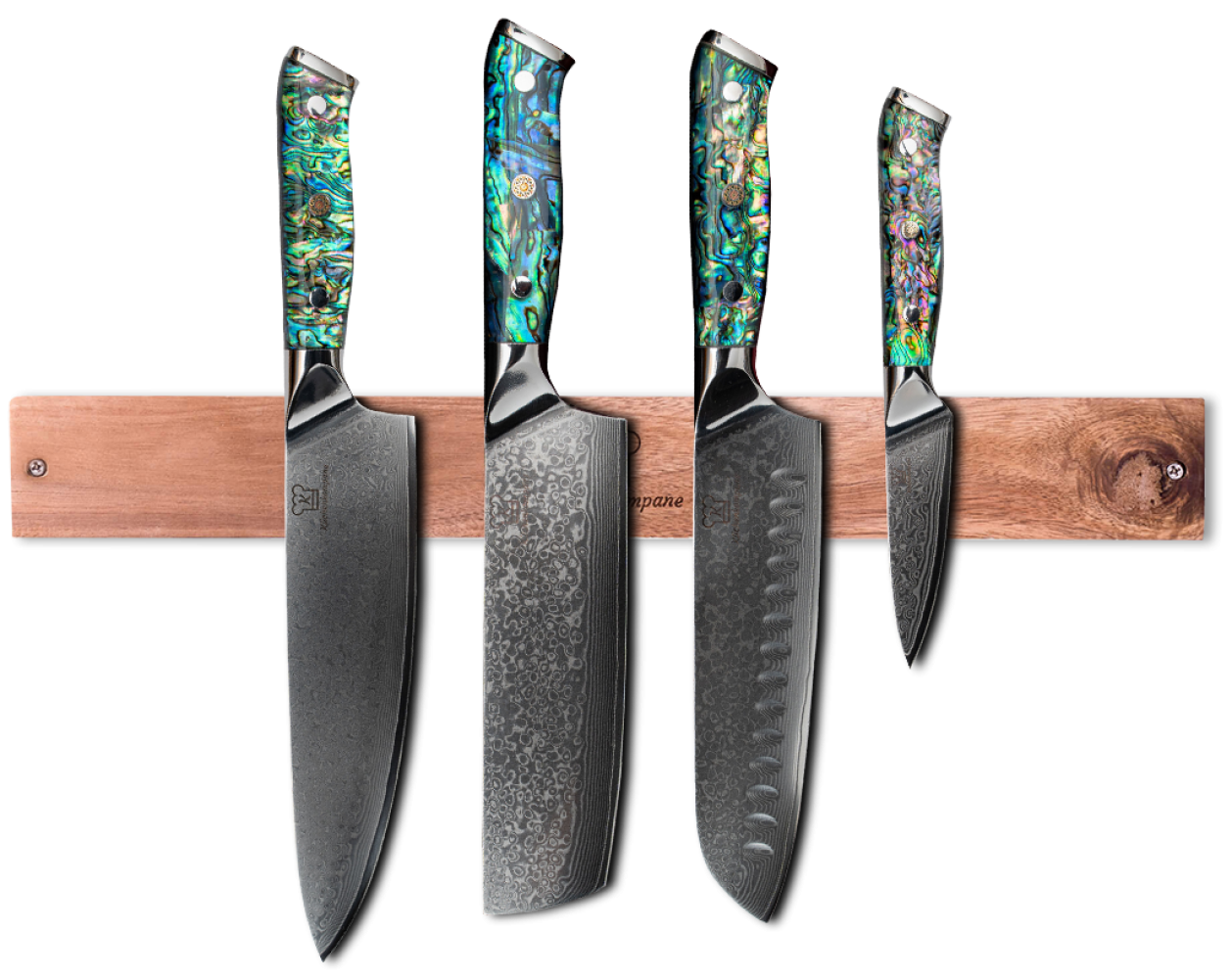 Sheru Damast Messerset mit magnetischer Holzleiste - 4 teiliges Messerset aus 67 lagigem Damast Stahl - Muschel & Epoxidharz Griff Bild 1