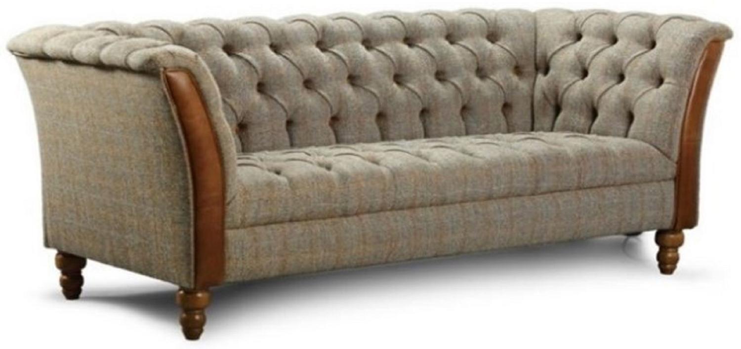 Casa Padrino Luxus Chesterfield 3er Sofa Grau / Braun 213 x 87 x H. 77 cm - Wohnzimmer Sofa mit Echtleder - Chesterfield Wohnzimmer Möbel Bild 1