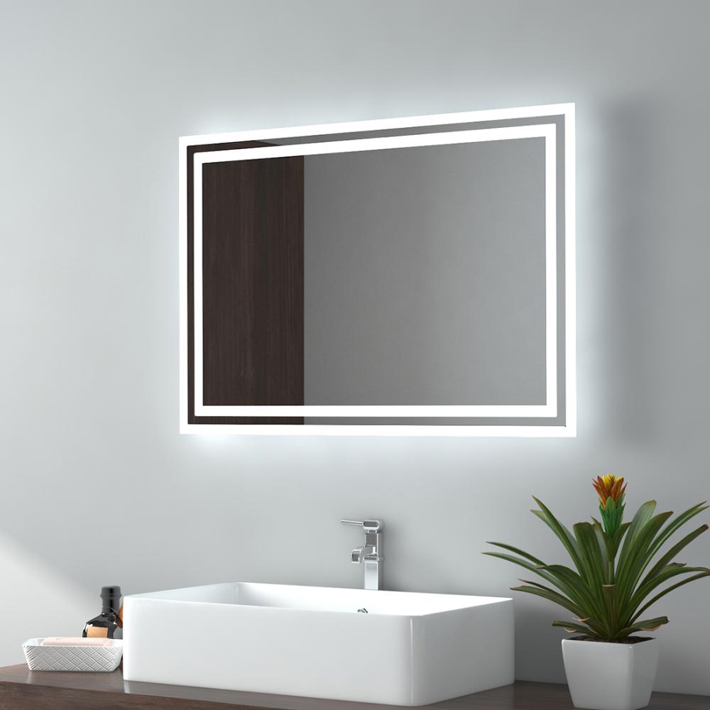 EMKE Badspiegel LED IP44 Wasserdicht Wandspiegel, 70x50cm, Kaltweißes/Warmweißes Licht, Knopfschalter, Beschlagfrei Bild 1