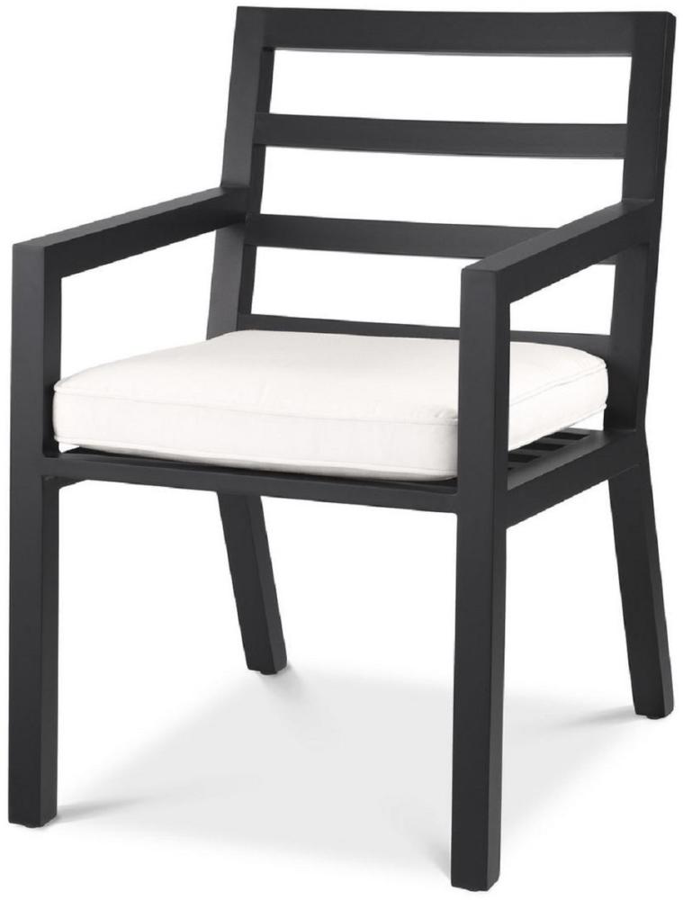 Casa Padrino Luxus Esszimmerstuhl mit Armlehnen Schwarz / Weiß 56 x 66,5 x H. 87 cm - Wetterbeständiger Aluminium Stuhl mit Sitzkissen - Garten Terrassen Stuhl - Luxus Qualität Bild 1