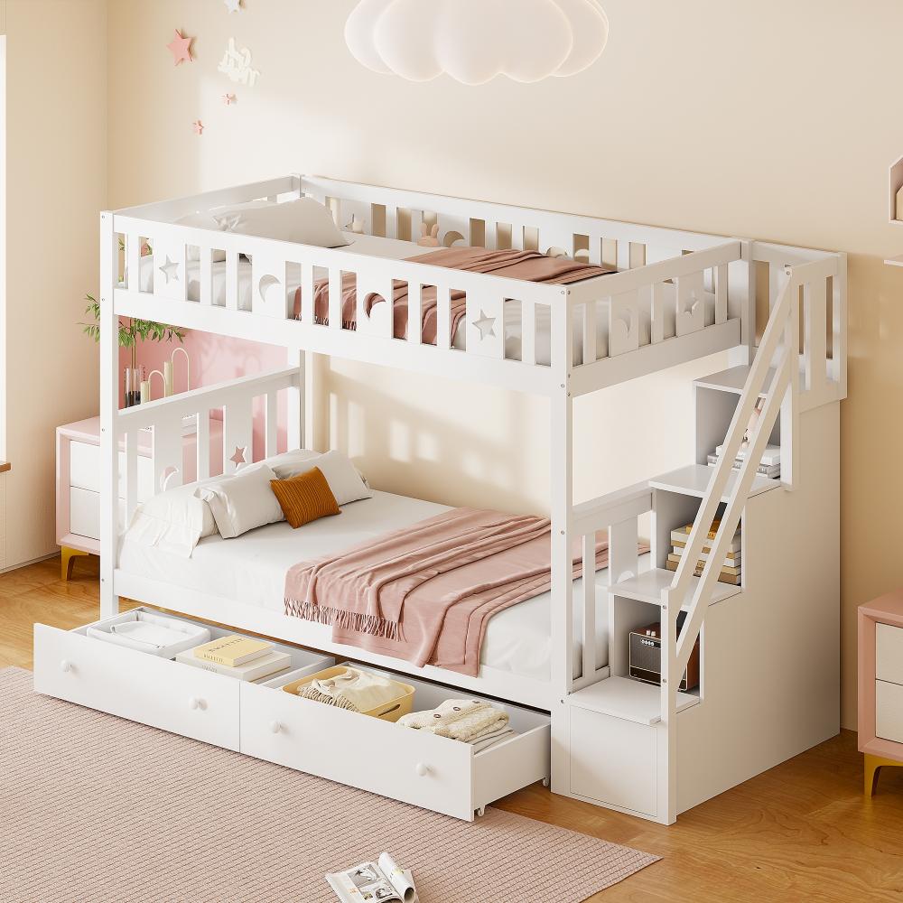 Merax Etagenbett Massivholz Kinderbett 90x200cm mit 2 Schubladen und Stauraumtreppe, weiß Bild 1